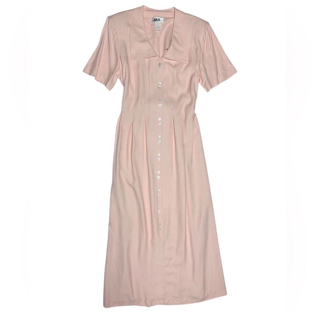 NWT 80’s Vintage J.B.S. Ltd. Petite Button Front Light Pink Midi Dress Tie Back
